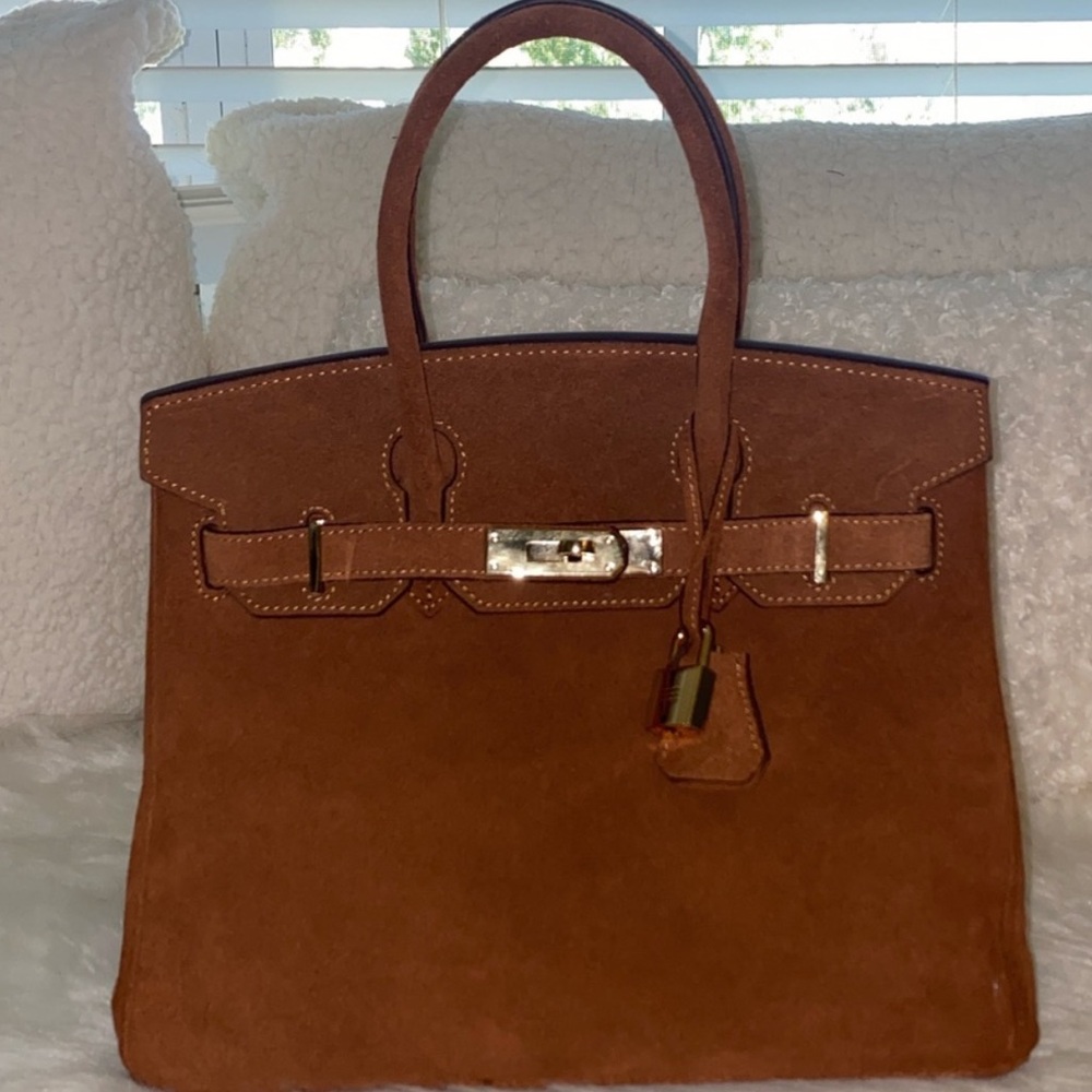 30cm genuine suede leather cognac brown top handle handbag bk30 bk 30
